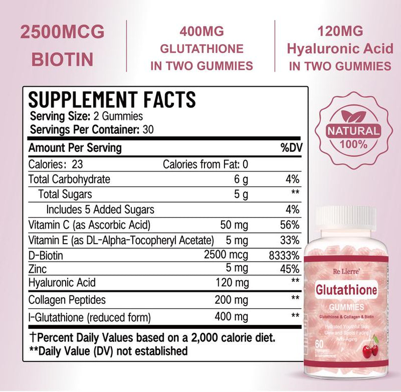 Re Lierre Foods Supplements, Glutathione 400 Mg, Withcollagen & BIOTIN, Free Radicalneutralizer, 60 Fruity Gummy Candy