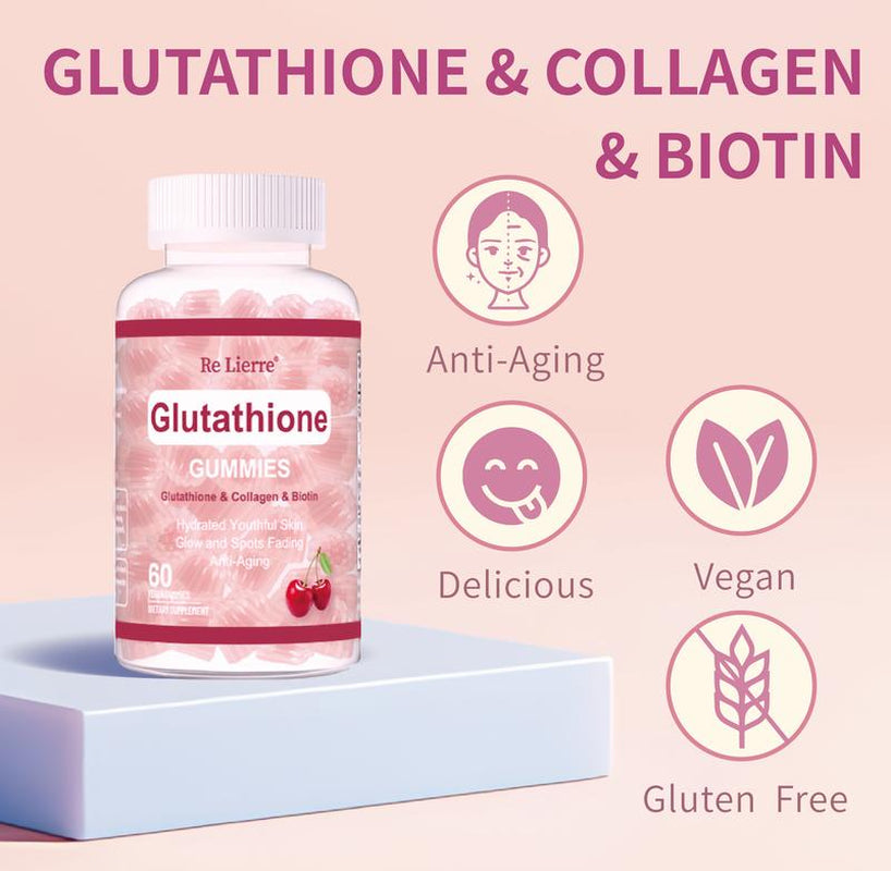 Re Lierre Foods Supplements, Glutathione 400 Mg, Withcollagen & BIOTIN, Free Radicalneutralizer, 60 Fruity Gummy Candy