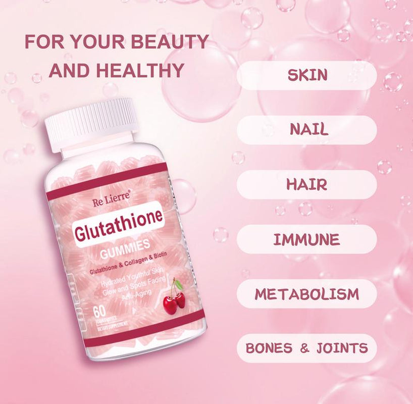 Re Lierre Foods Supplements, Glutathione 400 Mg, Withcollagen & BIOTIN, Free Radicalneutralizer, 60 Fruity Gummy Candy